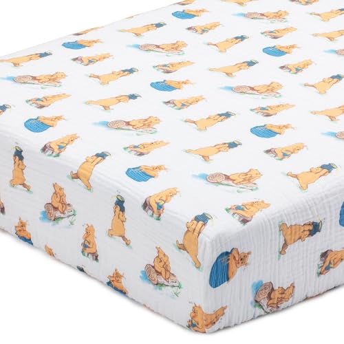 LollyBanks Crib Sheets 1 Pack 100% Cotton Soft and Breathable Muslin Sheets for Baby Boys and Girls Toddler Mattress Sheets Fits Standard 52x28 Baby Registry Essentials (Cute Bear Honey Jar)