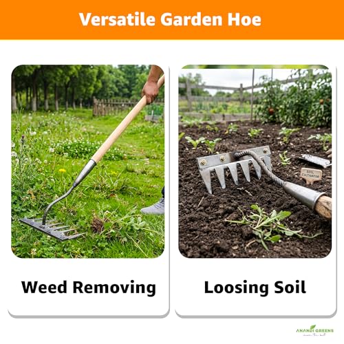 Image of Anandi Green's 6 Teeth Garden Rake Heavy Duty Carbon Steel Rake Handle for Soil Loosening, Weeding, Lawn & Yard Cleaning Multipurpose Outdoor Gardening Tool for Home Farm & Agricultural Use