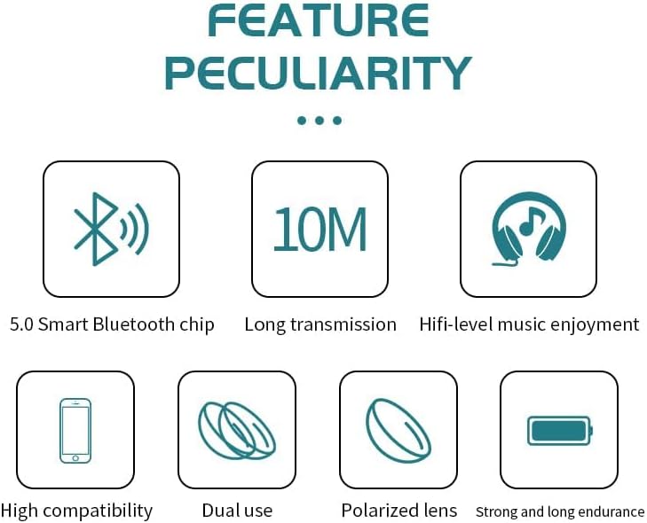 Icons representing key features: Bluetooth 5.0 chip, 10m transmission, Hi-fi music, high compatibility, dual use, polarized lens, strong endurance.