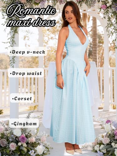 Image of ChiaoLezhee Deep V Neck Dress, Halter Maxi Dresses, Vacation Date Night, Sexy for Women Corset Flowy Wedding Guest Drop Waist