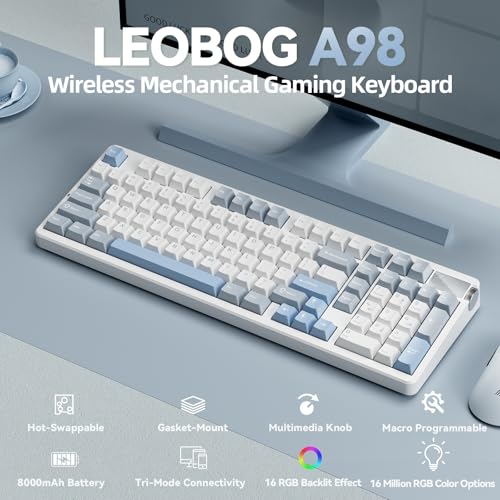 Image of CORBOBO LEOBOG A98-96% Mechanical Keyboard Wireless, Tri-Mode BT5.0 /2.4GHz /USB-C, Creamy Keyboard with Number Pad, Gasket Structure Hot Swappable, Custom Gaming Keyboard RGB Backlit with Knob for PC