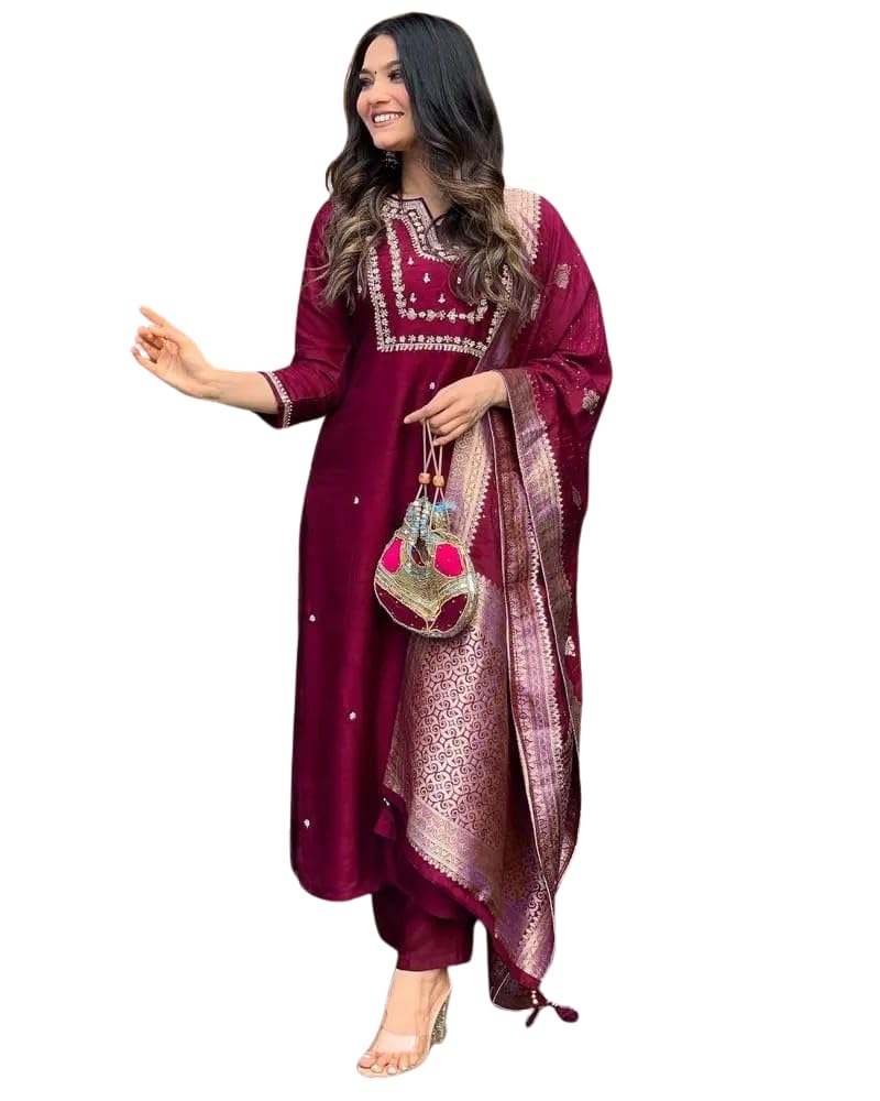 EKRAFT Bharat Women's Viscose Silk Heavy Embroidered Straight Kurta with Trouser & Banarasi Jacquard Dupatta Set (Maroon-XXL)-image-2