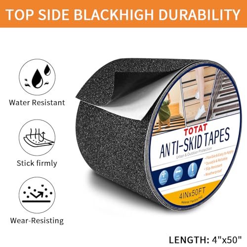 Image of Black Anti-Slip Stair Treads Tape,4 inch x50FT Heavy Duty PVC Non-Skid Grip Tape for Wooden Steps, Indoor /Outdoor Stairs, Pool Decks - Peel & Stick Waterproof Safety Traction