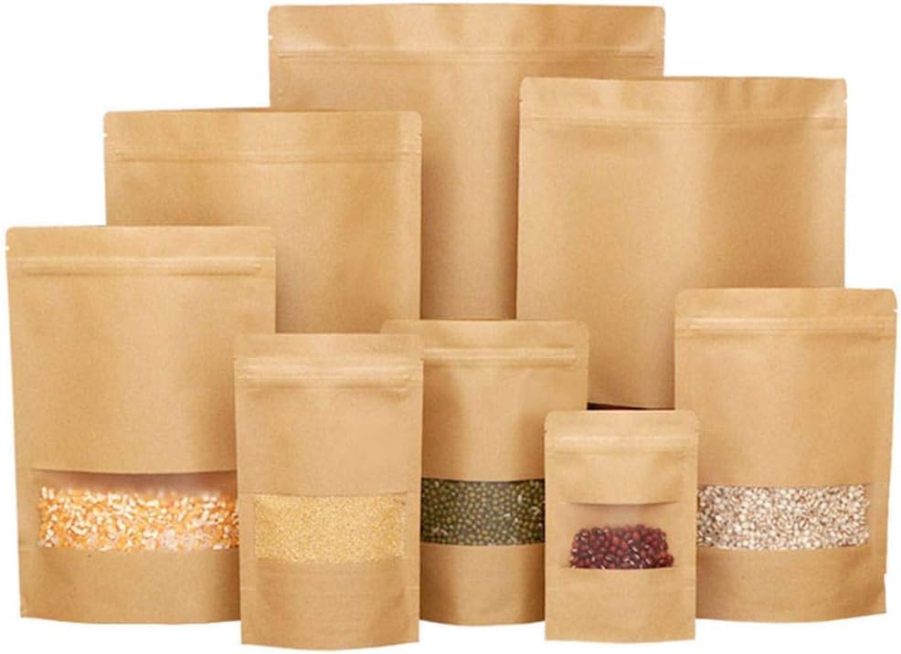 Khaana Packaging Brown Kraft Paper Zip Lock Stand Up Pouches 500 g (9X6") | Pack of 100 | Transparent Rectangle Window | Air Tight Self Sealing | Water Proof & Oil Proof | Reusable Food Storage Bags