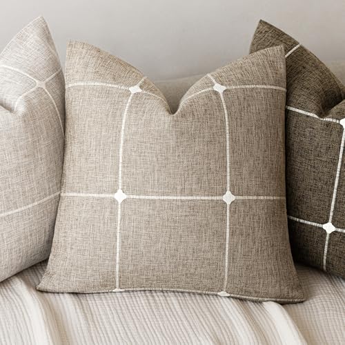 Image of Foindtower Pack of 2 Decorative Faux Linen Jacquard Check Throw Pillow Covers Farmhouse Cushion Cover with Grid Textured Accent Pillowcase for Couch Sofa Living Room Home Decor,20x20 Inch,Oatmeal