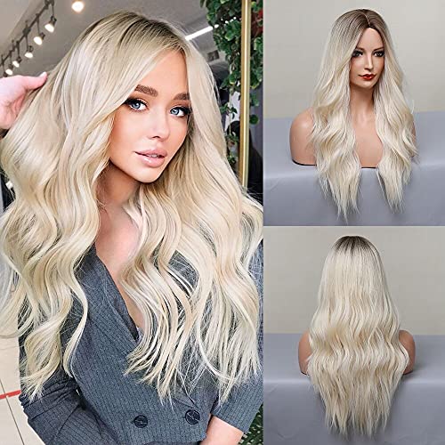 9.99 for Only 25pcs Lycheenea Long Blonde Wig for Women Natural Wavy Synthetic Ombre Wigs Middle Part Heat Resistant Fiber Hair for Daily Party Use Cosplay 26 inch (Blonde)