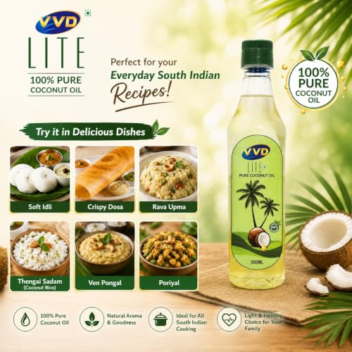 Image of VVD Lite Pure Coconut Oil 500ml Bottle | Pure Coconut Oil for Cooking | Natural Coconut Cooking Oil | Rich Coconut Aroma & Taste | Traditional Cooking Oil | Free from Argemone Oil | Non - sticky | Non-greasy | Less Viscous