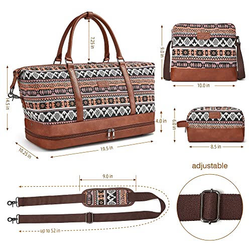 Opage Weekender Bag For Women Canvas Overnight Bag With Shoe Compartment Bohemian Style Travel Duffel Bag With Trolley Sleeve Carry On Tote Bag 3Pcs Set #TOP5