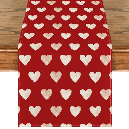 Artoid Mode Red Love Heart Valentine's Day Table Runner, Seasonal Anniversary Kitchen Dining Table Decoration for Indoor Home Party 13x72 Inch