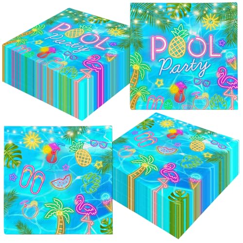 Pool Party Napkins Decorations Neon Pool Paper Napkins for Birthday Party Summer Beach Table Decorations Glow Pool Party Supplies