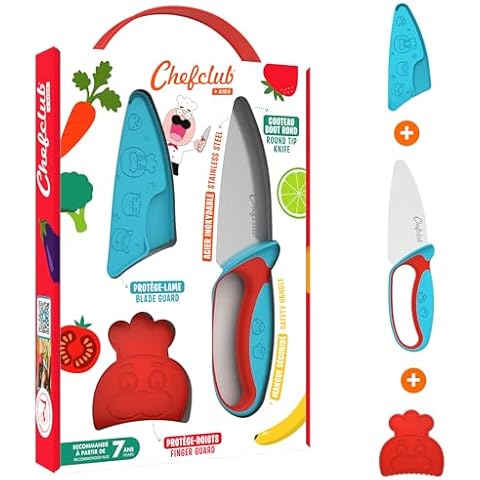 Chefclub Kids - Kitchen Knife Set for Children - Stainless Steel Blade - Finger Guard and Blade Protection Included - Ergonomic Handle, Safe Kitchen Knife Tool, Kids Cooking Supply (Blue/Red) Cover