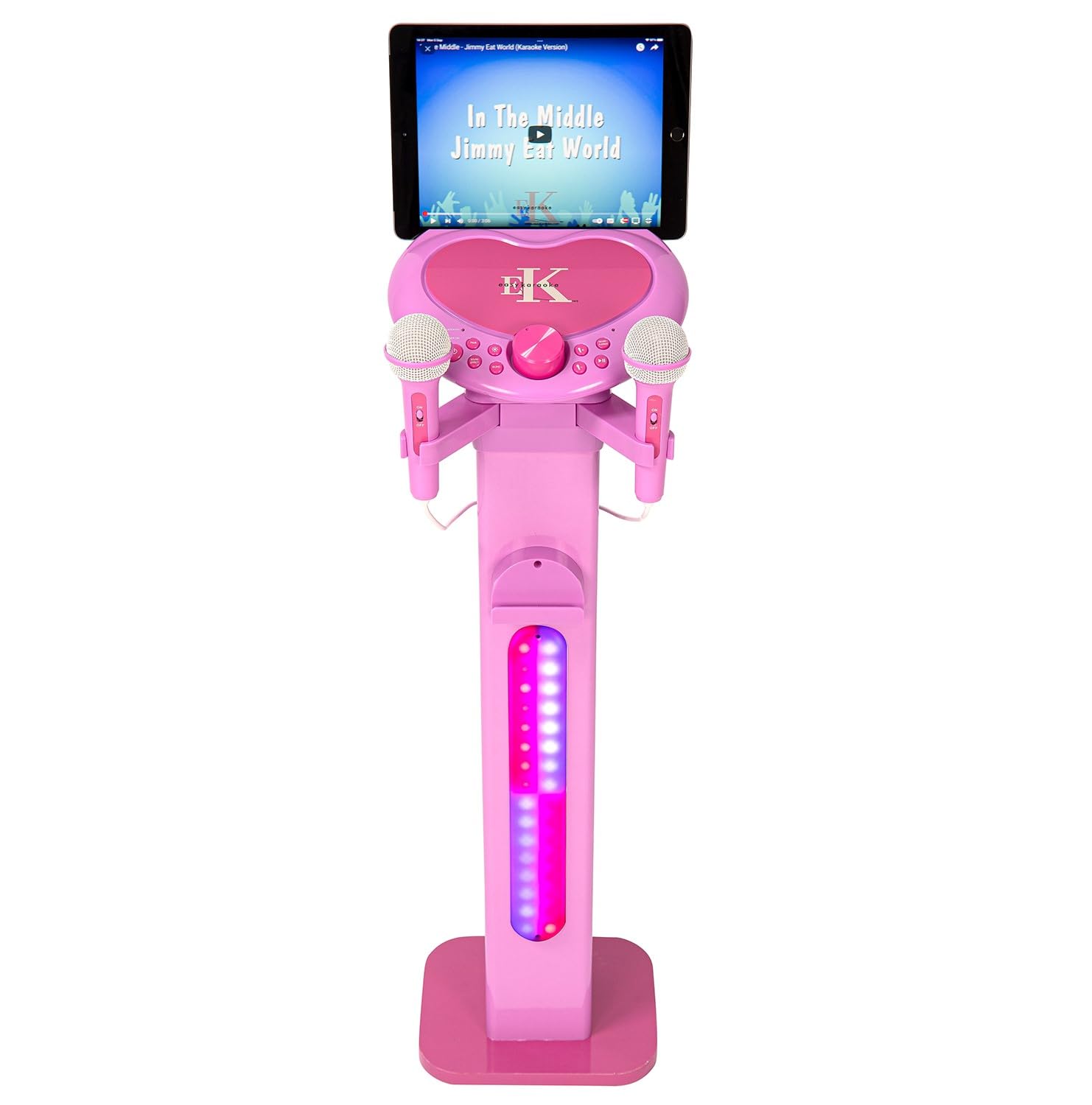Easy Karaoke Kids Singalong Pedestal Karaoke Machine with Record & Playback, 2 Bluetooth microphones, Echo and Vocal Effects, Free HD Karaoke Songs via EK Smart App - Pink