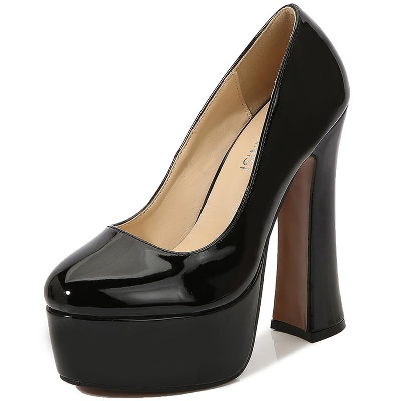 Unisex Men's Women's Round Toe Slip On Casual Platform Patent Block High Heel Pumps Shoes