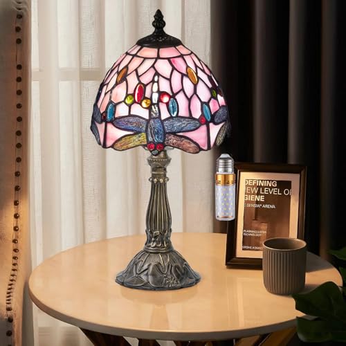 Nizrsky Tiffany Table Lamp,3 Color-Temperature Dragonfly Stained Glass Lamp,8 Inch Tiffany Style Lamp for Bedroom Living Room Home, Handcrafted Light, Included Bulb (Pink)