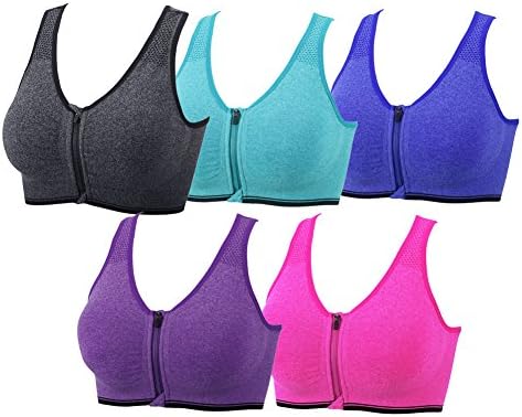 YEYELE 5 Pack Women Zip Front and Removable Pads Tank Top Racerback Sports Bra(5 Pack,XL)