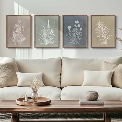 Framed Boho Botanical Wall Art for Living Room, 4 Piece Rustic Floral Canvas Painting Prints, Vintage Minimalist Neutral Flower Artwork for Modern Farmhouse Bedroom Dining Room Office Wall Decor