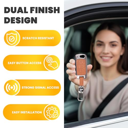 Image of Car Key Cover Compatible with Tata Nexon|Altroz|Tiago|Punch|Harrier|Safari|Tigor 3-Button Flip Smart Key (Dual Leather Metal (Black & Brown))