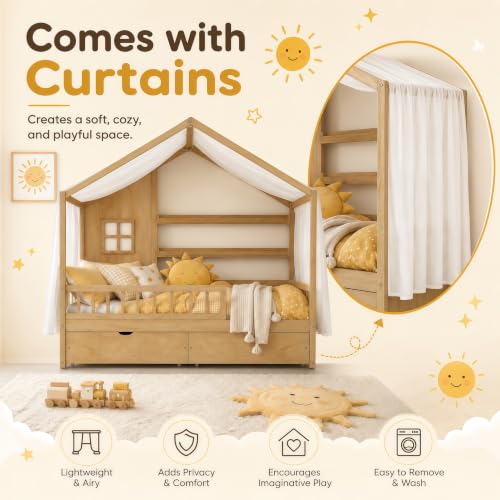 Image of Bellemave Full House BedFrame with Canopy and Storage Drawers, Montessori Bed, House Bed with Rails for Kids, Natural