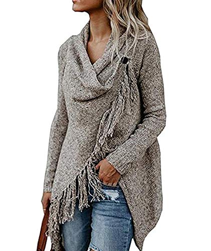 Image of Sexyshine Women's Casual Fall Knit Long Sleeve Tassels Irregular Loose Cardigan Pullover Striped Sweater Poncho