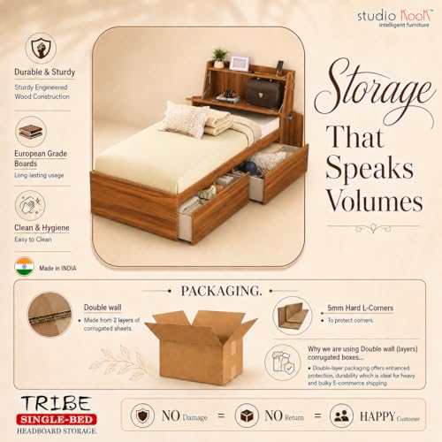 Image of Studio Kook Tribe Headboard Storage Engineered Wood Single Bed with Drawers (Amber Walnut, Right Side Drawer)