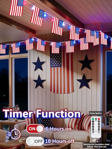 Image of 4th of July Decoration, 24FT 50LED Red White and Blue String Lights 25 American Flags, Battery Operated Patriotic Lights Waterproof 8 Modes, Remote & Timer for 250th Anniversary Independence Day Decor