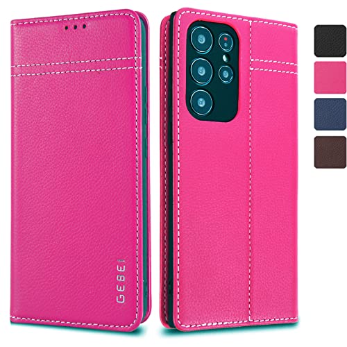 Coque Galaxy S22 Ultra rose etui cuir véritable rabat housse portefeuille