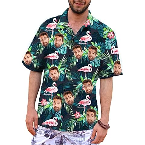 VEELU Mens Hawaiian Shirts Custom Face and Name Hawaiian Shirt Short Sleeve Casual Funky Flower Flamingo Beach Shirts Men's Gifts Personalized Face for Boyfriend Husband Father Tropical Floral Shirts Cover