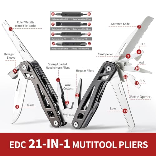 Christmas Gifts for Men Him Dad, WETOLS 21-in-1 Multitools with Pocket Knife, Stainless Steel Self-locking Pliers with 8 Screwdriver Bits, Multi Tool Survival Gear, EDC Knife with Pouch for Outdoor
