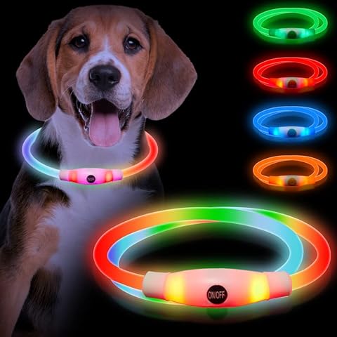 Sofore Light Up Dog Collar, LED Dog Collar Light for the Dark, USB Rechargeable 3 Flash Modes Light Dog Collar Adjustable Cut to Size for Puppy Small Medium and Large Dogs, Muticolor Cover