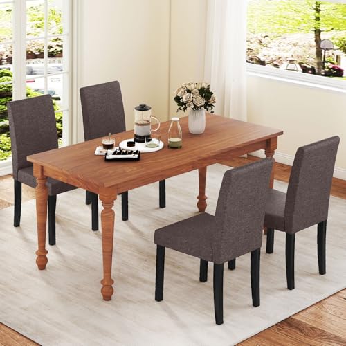 Image of COSTWAY Fabric Armless Dining Chairs Set of 2, Upholstered Kitchen Side Chair w /Rubber Wood Legs, Padded Seat & High Backrest, Mid-Century Modern Accent Chairs for Living Room Restaurant (Brown)
