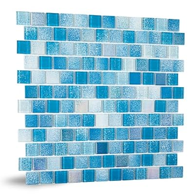 Soulscrafts Glass Mosaic Tiles, Pool Square Glass Mosaic Backsplash 12 x 12 Inch for Swimming Pool Kitchen Bathroom, 3D Light Blue, 5 Sheets