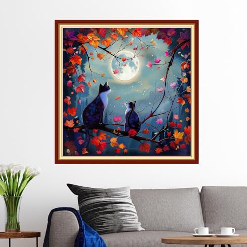 Image of Funxvoot Stamped Cross Stitch Kits for Beginners or Adults Embroidery Starter Patterns | DIY Printed Cross Stitch Kits Needlepoint for Adults or Kids 11CT-Cat Admiring the Moon 18x18 inch