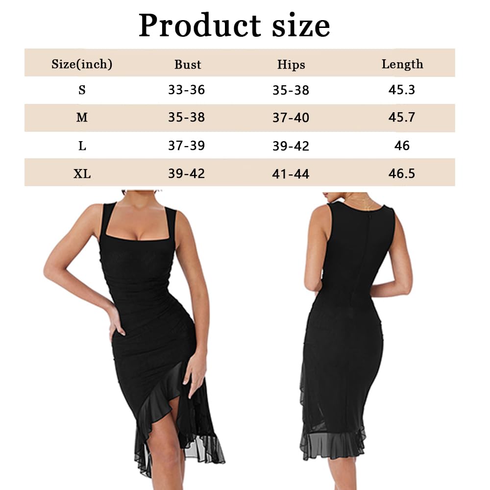 Vestito Donna Senza Manica Sexy Orlo a Volant Spacco con Scollo Quadrato Elegante Slim Midiabito per Sera Cocktail Party(Nero/M)