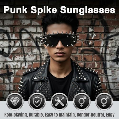 Image of PATPAT Punk Spike Goth Punk Rock Black Sunglasses for Men Stylish Goggles for Women with Unique Long Rivets, Halloween Rock Accessory Cooling Glass for Man Women for Y2k Costume Cosplay Party
