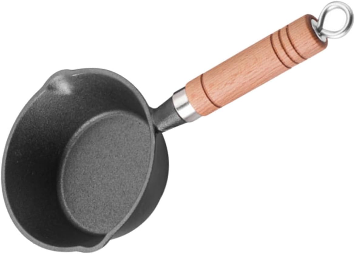 Mini Egg Frying Pan 11cm Cast Iron Omelet Pan with Wooden Handle Small Portable Oil Heating Skillet for Home Cooking and Butter Melting
