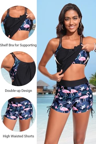 Image of Holipick Tankini Swimsuits Two Piece Tummy Control Bathing Suits Blouson Swim Tank Top with Boy Shorts