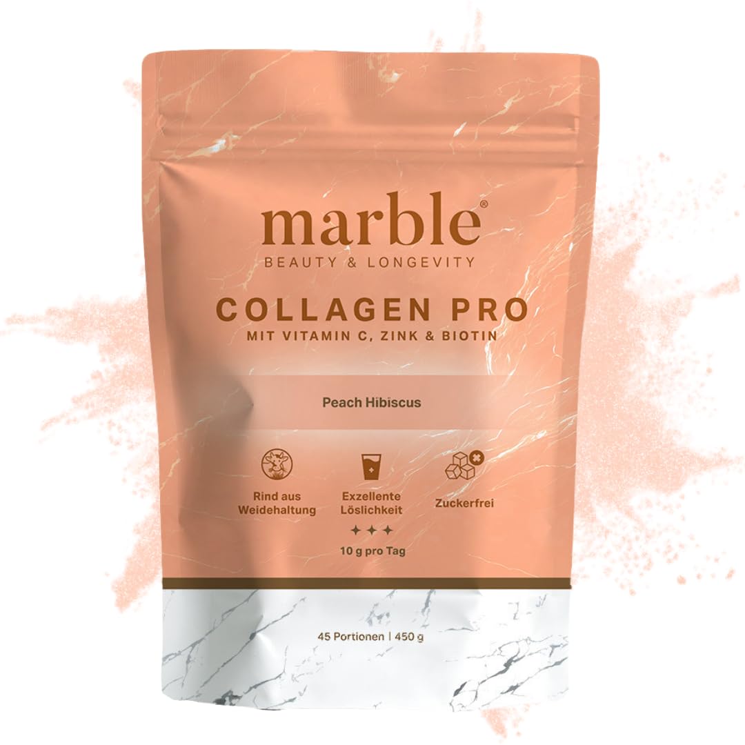 marble Poudre de collagène PRO 450 g – Poudre de collagène plus vitamine C, zinc & biotine – Peptides Skin Glow – Test sans risque pendant 60 jours – En bœuf de saule avec une solubilité parfaite