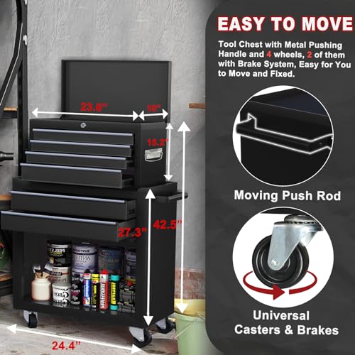 GGUV 9 Drawer Rolling Tool Chest, Large Tool Cabinet with Wheels, Detachable Toolbox Storage Organizer with 6 Hooks and Drawer Liners for Garage, Repair Shop, Workshop, Large Capacity, Black