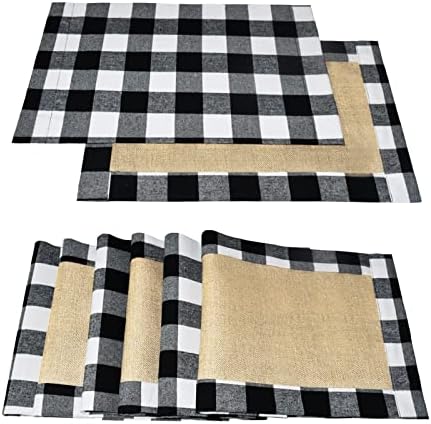 Senneny Set of 6 Christmas Placemats Buffalo Check Placemats Black White Plaid Reversible Burlap & Cotton Placemats for Christmas Holiday Table Home Decoration
