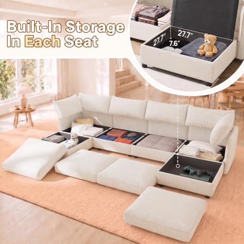 Image of 125 inch 10 Seat Modular Sectional Sleeper Sofa, Chenille Modern Modular Sofa Bed Hidden Storage, Convertible L&U Shaped Sleeper Couch with Ottoman, Couches for Living Room, Beige