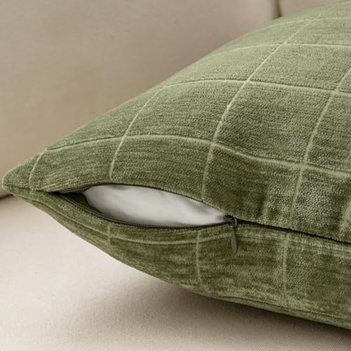 Image of MIULEE Sage Green Plaid Decorative Throw Pillow Covers 20x20 Set of 2 | Vintage Check Chenille Couch Pillows Neutral Boho Farmhouse Cushion Covers Modern Home Decor for Sofa Bed Living Room