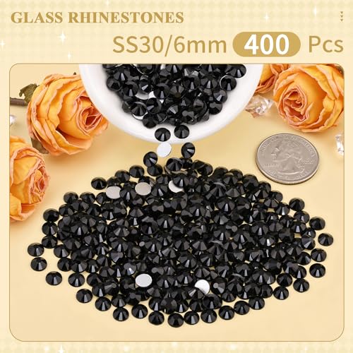 Image of 400PCS SS30 /6mm Crystal Glass Rhinestones for Bedazzling (Jet Black) | Flatback Rhinestones for Crafting DIY Crafts Nail Art Makeup Decoration, Gems Diamond Charms for Tumbler Shoes Clothing Mug