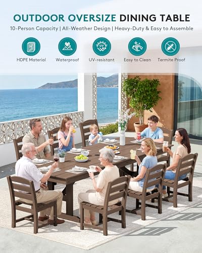 Image of SERWALL 9 Piece 84 inch HDPE Outdoor Dining Set for 8 with Armless Chairs and Umbrelle Hole, Brown