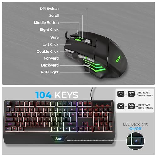 Image of FOXIN Endeavour Gaming Keyboard and Mouse Combo Wired | RGB Rainbow Backlit Keyboard with 104 Keys & Wrist Rest | 3600 DPI | 7 Button Mouse | Plug & Play for PC, Laptop, Desktop