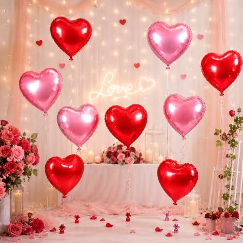 Image of Wanna Party Pack of 10 Red & Pink Heart Shaped Foil Balloons, 18 Inch Helium Quality Balloons for Anniversary, Birthday, Wedding, Valentine's Day & Romantic Party Decoration