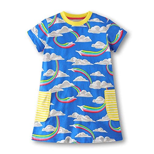 Girls Summer Cotton Short Sleeve Cute Prints with Pockets Dress for Toddler(Blue/4-5Y)