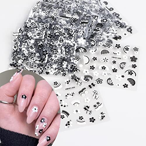 30Sheets Black Flower Nail Art Stickers Decals Lace Streamer Flower Leaf Designs Nail Sticker Nail Art Supplies 3D Self Adhesive Black White Flower Nail Stickers With Rhinestones Nails Decorations For Women #TOP2