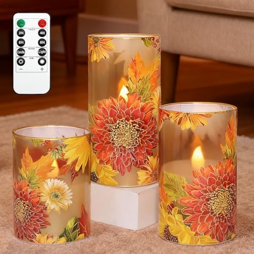 Image of Flameless Candles Chrysanthemum Decal with Remote & Timer - Real Wax Flickering Battery Operated Candles - Home Farmhouse Holiday Spring Decorations - Set of 3