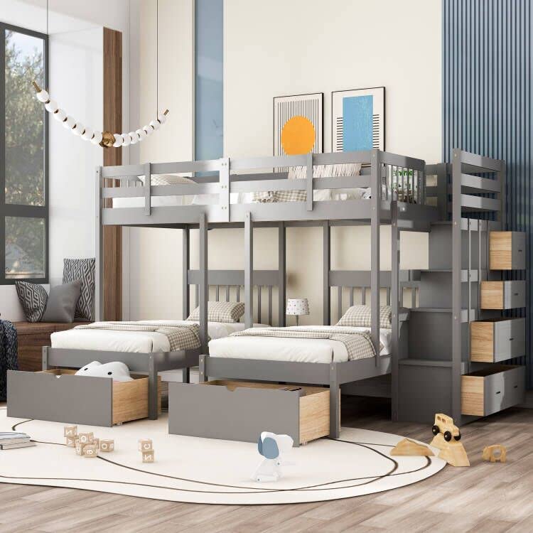 VilroCaz Upgraded Version Full Over Twin &amp; Twin Bunk Bed, Solid Wood Triple Bunk Bed with Storage Drawers and Staircase, Strong Sturdy Bunk Bed Frame with Guardrails for Kids Teens Aldults (Gray-U)