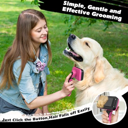 Image of Professional 3PCS Self Cleaning Slicker Brush & Pet Grooming Rake & Flea Comb for Dogs,Cats and Horses | Double-Sided Dematting Comb & Skin Friendly Deshedding Grooming Tool | Pet Supplies (Red)